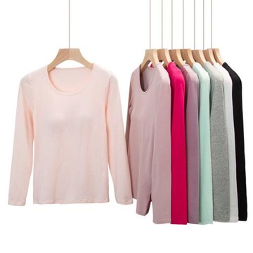 純棉帶胸墊長袖T恤女無鋼圈罩杯文胸一體睡衣家居瑜伽內衣打底衫