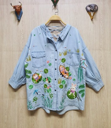 襯衫，手繡，純棉，狐狸，兔子，蓮花，劃船，花朵。