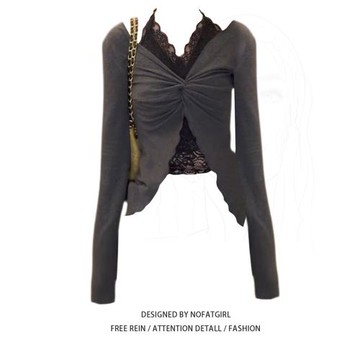 大碼胖妹妹歐若風法式假兩件蕾絲掛脖長袖T恤女秋季修身顯瘦上衣