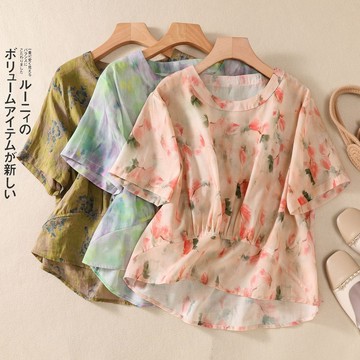一線專柜尾單復古花色亞麻短袖T恤女夏寬松抽褶減齡棉麻套頭上衣
