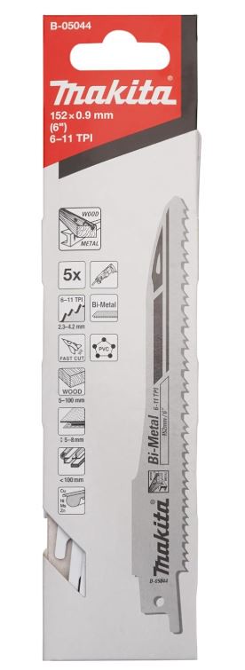 MAKITA 牧田 軍刀鋸片 B-05044 長度 6吋 150mm 5片 複合金屬 適用 嵌釘板 鋁材 塑膠 瑞士製 快速切割 金屬