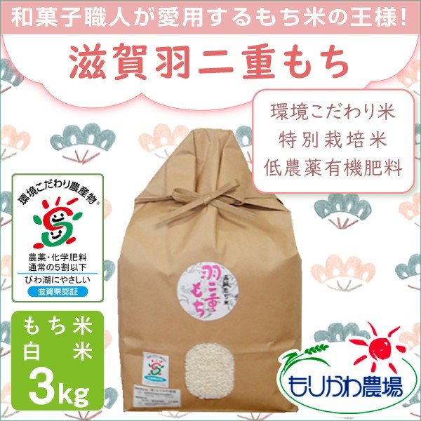 低農薬 有機肥料 滋賀羽二重もち 3kg 令和４年産 環境こだわり米 特別栽培米