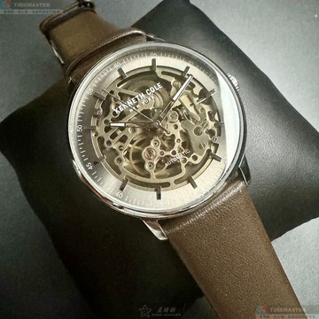 [星晴錶業]Kenneth Cole手錶,42mm,KC00009古銅雙面機械鏤空錶面銀錶殼咖啡色真皮皮革錶帶款