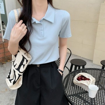 短袖上衣 超讚 設計小衆短袖T恤女夏季新款POLO領薄款設計感小衆別緻短款上衣服ins潮2