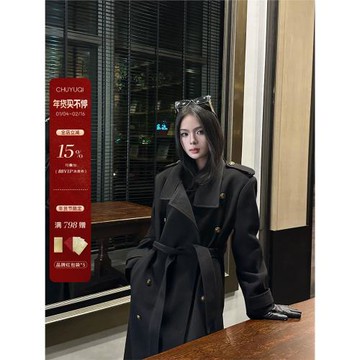 除于七“巴黎爾曼”高級感廓形毛呢外套女秋冬季長款翻領呢子大衣