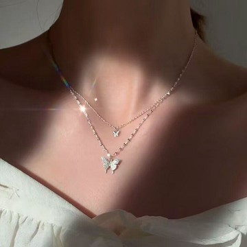 新款 閃鑽 蝴蝶 雙層 鎖骨鏈 女 簡約 小衆 ins風 項鍊