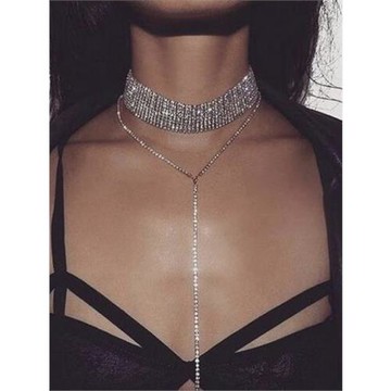 歐美新款夸張鑲鉆寬版流蘇項鏈 夜店氣質閃鉆choker頸圈鎖骨鏈女