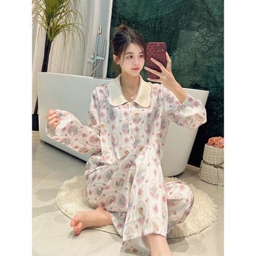 高端冰絲睡衣女長袖春夏款娃娃領碎花家居服女士可愛甜美絲滑垂感