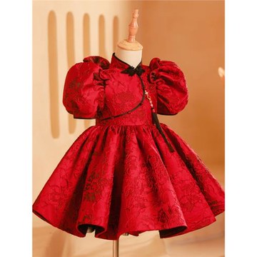 紅色女童禮服中式國風走秀鋼琴演出蓬蓬裙拜年主持生日兒童公主裙