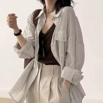 【ACheter】復古條紋長袖襯衫上衣# 125598