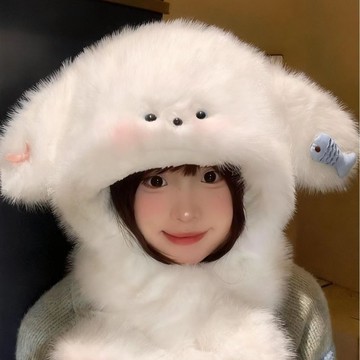 冬季帽子 可愛耳朵小魚毛絨帽子圍巾一體 女冬季 保暖加絨加厚 防寒護耳雷鋒帽