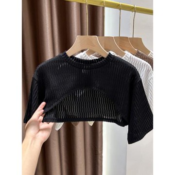 透氣蕾絲防曬罩衫女吊帶裙外搭短袖薄款披肩夏季冰絲網紗坎肩上衣