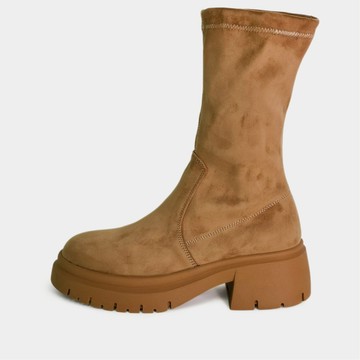 R&BB短靴-極簡彈力質感絨面 可抓皺鬆糕厚底襪靴(中筒款)-駝色