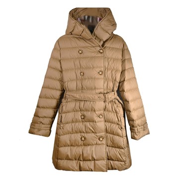 BURBERRY 8091114 WITLEY 繫腰帶連帽中長版羽絨大衣/外套.咖