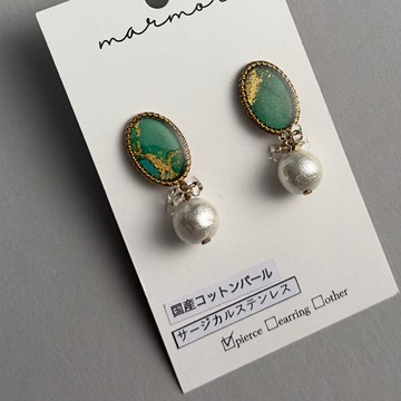 【現貨一件】酒精墨水藝術 莫蘭迪綠 耳環 醫療級不鏽鋼 棉珍珠 小巧 精緻 獨一無二 金色 氣質 綠色