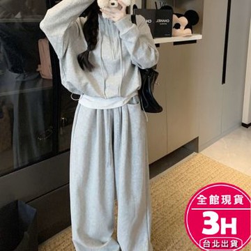 【梨卡】隔日到貨 女裝【套裝】半拉鍊短版 慵懶套裝 氣質套裝 寬鬆長袖套裝 秋冬套裝 休閒褲套裝VG104【現貨24H】