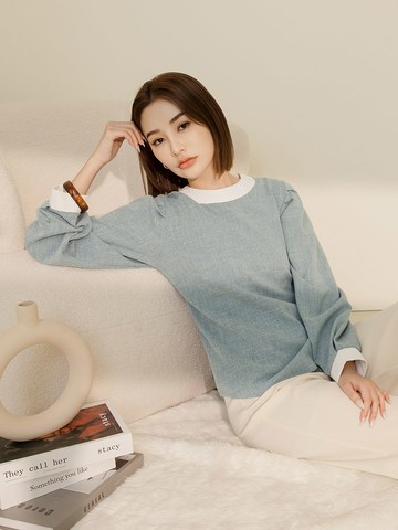 氣質小立領拼接打褶泡泡袖上衣