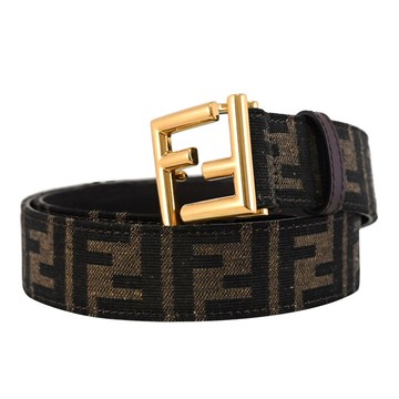 FENDI 8C0649 金屬FF LOGO釦飾織布緹花款皮帶.深咖