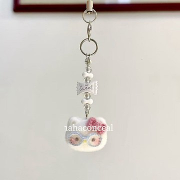 臺灣/🌸掛件 毛絨 鑰匙扣 禮物【眼鏡kitty】植絨kitty貓串珠手機鏈可愛少女心包包卡冊ccd掛件