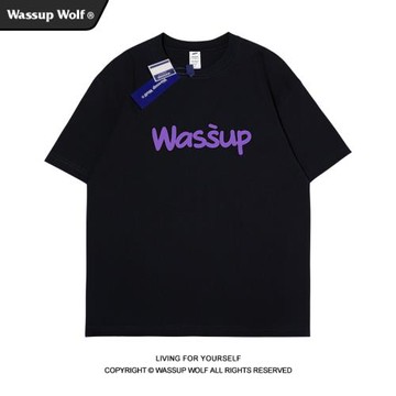 Wassup Wolf美式潮牌字母LOGO短袖T恤男夏季寬松情侶上衣體恤半袖