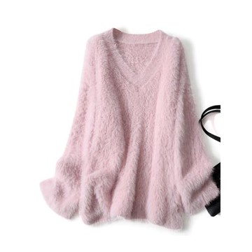 粉色仿水貂絨針織衫毛衣V領2025新款秋冬女高級質感氣質軟糯上衣