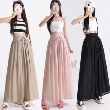 La Belleza夏日氣息鬆緊腰繫帶綁帶側口袋棉麻寬管闊腿褲裙