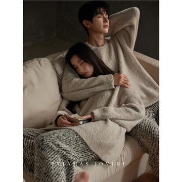 俏薇妮情侶睡衣女冬季款保暖半邊絨男珊瑚絨家居服套裝2025年新款