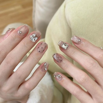 Yuki Nail【波點晶璨】純手工透茶色波點碎鑽點綴韓系輕奢短款美甲穿戴甲