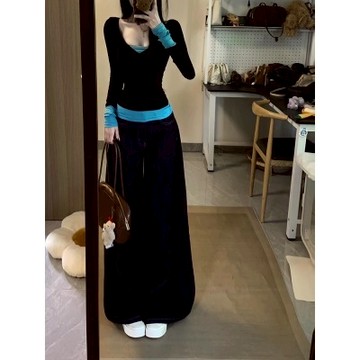 【NZN】韓版性感假兩件長袖t恤女+高腰闊腿褲兩件套(單獨出售)