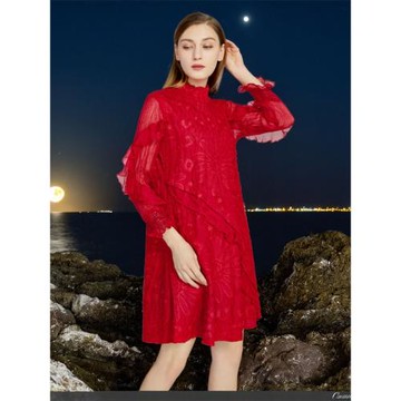 高領連衣裙女重工繡花網紗束口花瓣袖荷葉邊褶皺大紅色宴會裙子