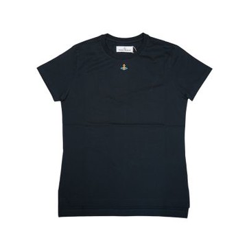 Vivienne Westwood 棉質彩色刺繡星球logo圓領女短T(黑)
