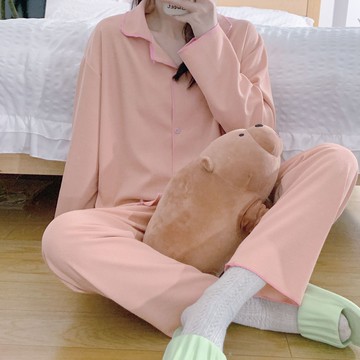 日系甜美ins睡衣女長袖開衫簡約休閑舒適棉質可外穿家居服兩件套