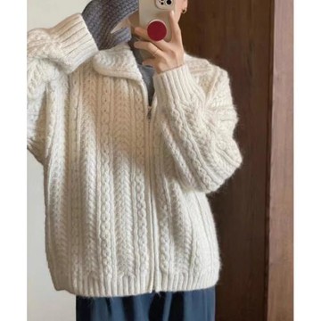 日系白色Polo領浣熊絨麻花毛衣女秋冬季針織拉鏈開衫外套翻領上衣