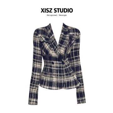美式復古格子毛呢西裝外套女秋季超好看小眾高級收腰顯瘦西服上衣
