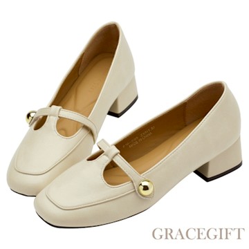 【Grace Gift】名媛日記方頭T字中跟瑪莉珍鞋 米白