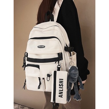 隔日達🎀輕便ins百搭工裝風書包女 高級感大容量日係雙肩包 旅行背包男 多夾層後背包 大容量防潑水書包 學生簡約百搭背包
