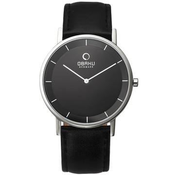 OBAKU 纖薄哲學二針時尚腕錶-銀框黑-皮帶-V143GCBRB-38mm