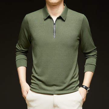 【HOT 本舖】男装男士長袖t恤春秋半開拉鏈冰絲純色翻領polo衫上衣打底衫