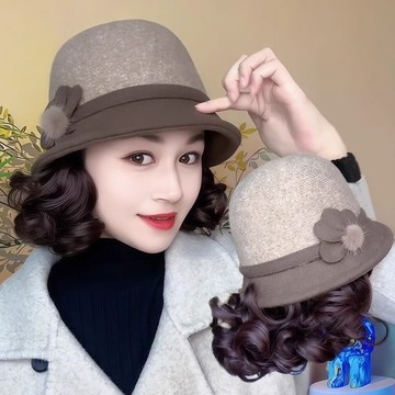 免運🔮假髮一體帽子女秋冬洋氣漁夫帽短捲髮全頭套時尚媽媽款帽子假髮連帽假髮帽 假髮帽 帽子假髮一體 全頭套式假髮套 舒适