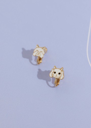 白色貓咪・夾式耳環