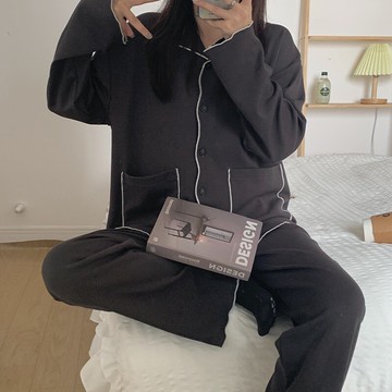 韓國ins碳灰色睡衣女春秋季純棉長袖簡約日系慵懶風可外穿家居服