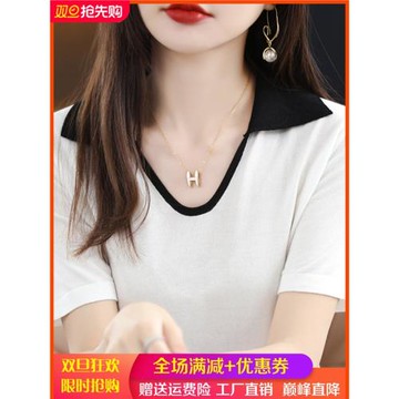 天絲polo領短袖t恤女夏季薄款針織衫22新款翻領短款上衣寬松體恤