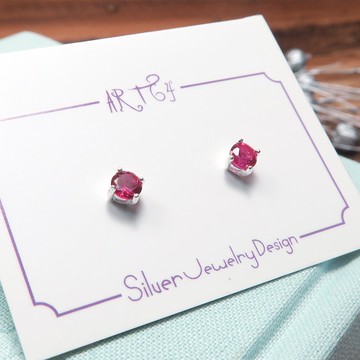 ART64 剛玉紅單鑽 925純銀耳環 4mm圓形爪鑲設計 養耳棒 養耳針 抗敏耳環