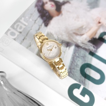 羅梵迪諾 Roven Dino / RD6108G / 花漾綻放 立體浮雕 藍寶石水晶玻璃 日期 不鏽鋼手錶-白x鍍金/28mm