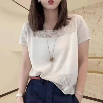 【雅韻衣櫥】🔥限時下殺🔥冰絲薄款鏤空針織衫針織短袖女新款夏季寬鬆獨特漂亮灰色上衣