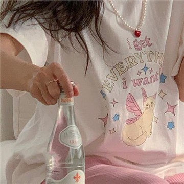 凡他姨【貓咪仙子】可愛復古小貓數碼印花T恤重磅純棉圓領短袖女