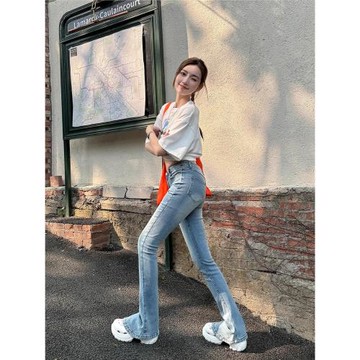 淺布調QBD加長褲春秋冬加絨中腰彈力修身馬蹄褲微喇叭牛仔褲女