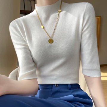 半高領五分袖針織衫女薄款2025秋季新款修身中袖上衣內搭打底衫