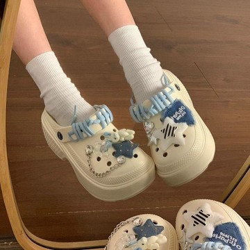 ✈速出貨🔥少女心星星鏈條可愛洞洞鞋2025春季新款EVA涼拖鞋百搭增高包頭拖DEH