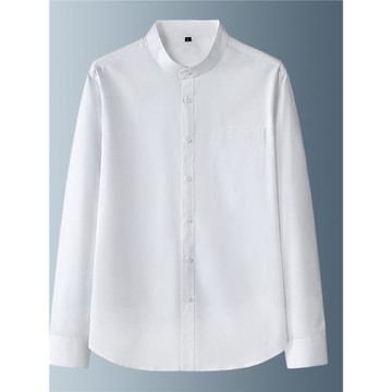 白色立領襯衫男長袖春季村杉彈力200斤上班有口袋無圓領襯衣工裝